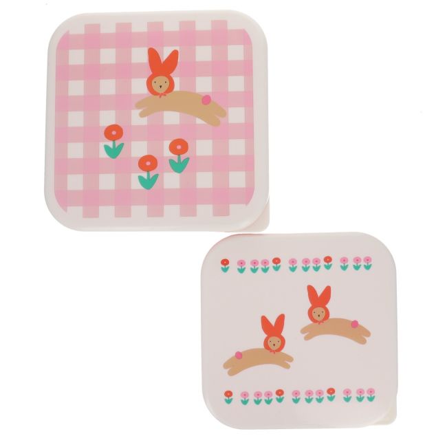 Lot de 2 boîtes à goûter vichy lapin rose