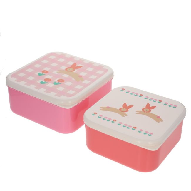 Lot de 2 boîtes à goûter vichy lapin rose