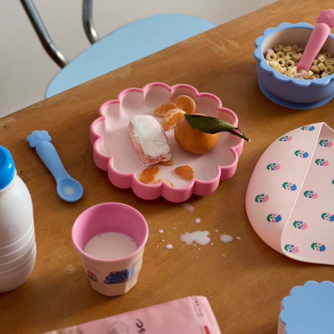 Coffret premier repas bébé silicone fleur rose – Joli Paon